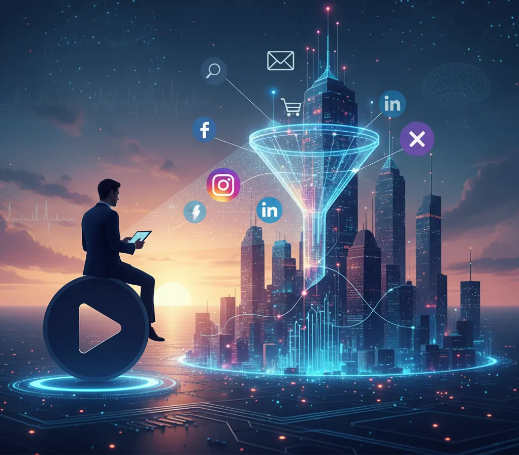 Ein Mann sitz vor einer Digitalen Welt und steruert Apps mit einem Tablet